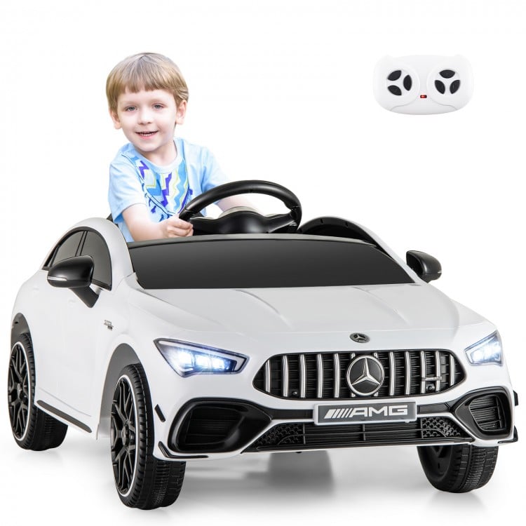 Kids ride-on car Mercedes-Benz AMG CLA 45 in white with remote control, LED lights, and adjustable safety belt for fun.