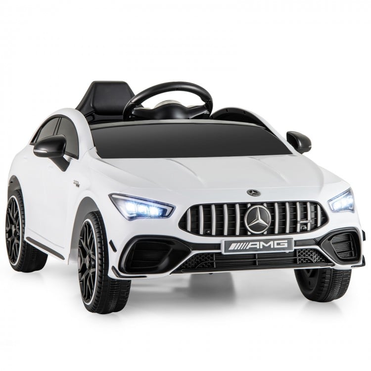 12V kids ride-on car Mercedes-Benz AMG CLA 45 in white, featuring LED lights, remote control, and adjustable safety.