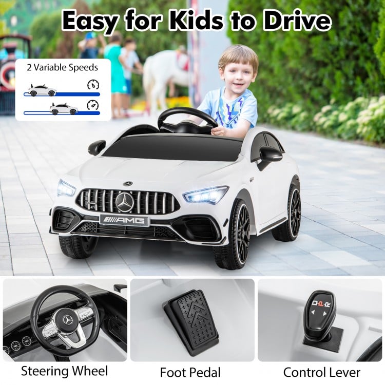 12V kids ride-on car in white, featuring steering wheel, foot pedal, and remote control for safe driving fun.