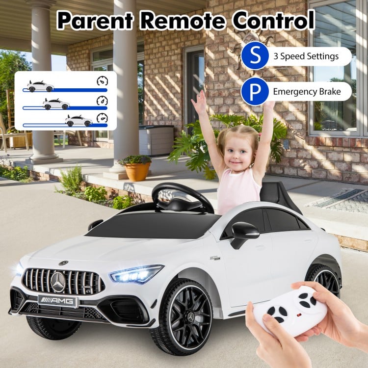 Kids ride-on car Mercedes-Benz AMG CLA 45 in white with remote control, 3 speed settings, and safety features for.