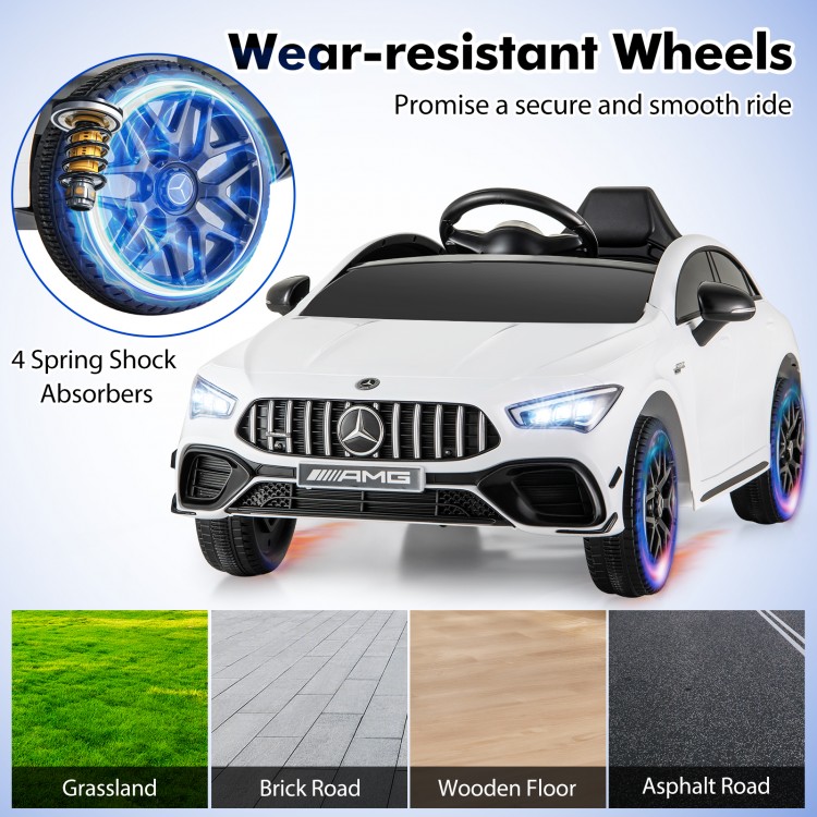 12V kids ride-on car in white with wear-resistant wheels and remote control, perfect for smooth rides on various.