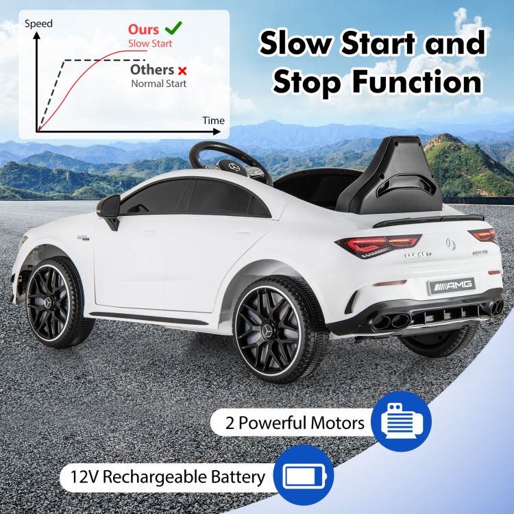 12V Kids ride-on car Mercedes-Benz AMG CLA 45 in white with remote control, slow start function, and entertainment.