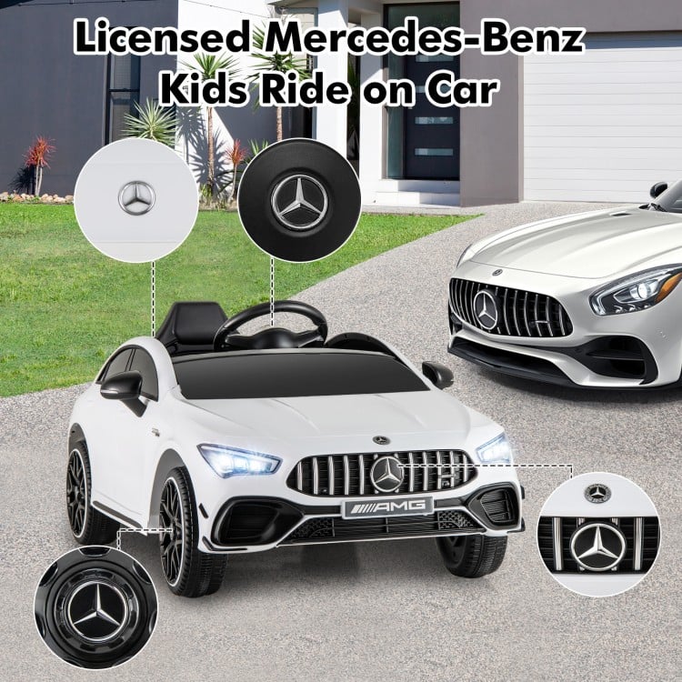 Licensed Mercedes-Benz kids ride on car in white with remote control, LED lights, and adjustable safety belt for fun.
