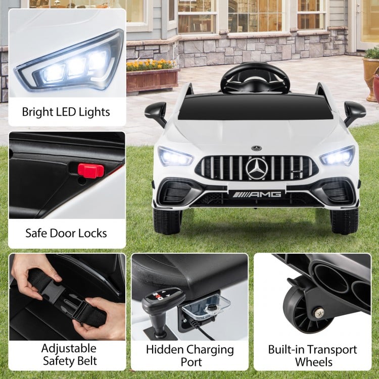 Kids ride-on car Mercedes-Benz AMG CLA 45 in white with bright LED lights, adjustable safety belt, and built-in.