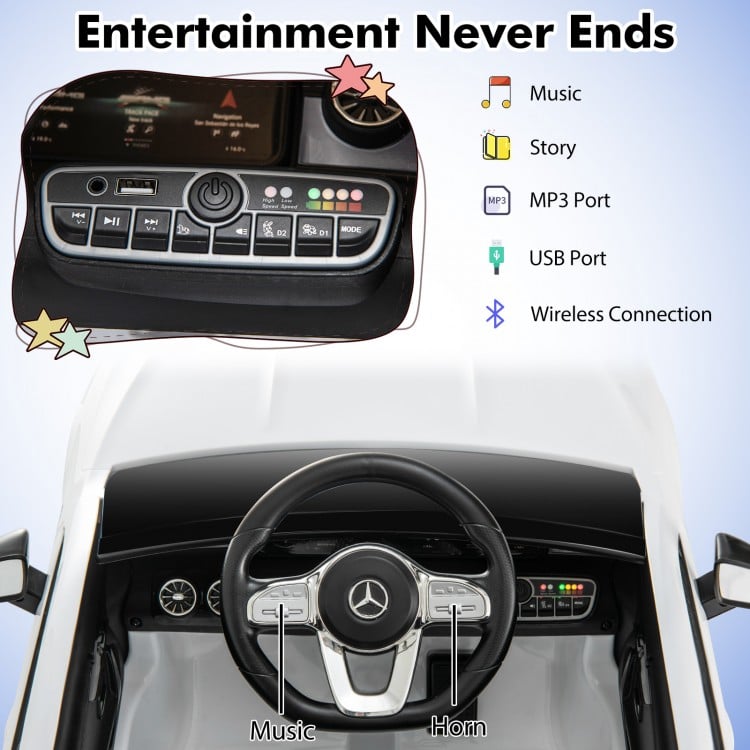 Dashboard controls of the 12V Kids Ride on Car Mercedes-Benz AMG CLA 45 with music, MP3, and USB ports for.