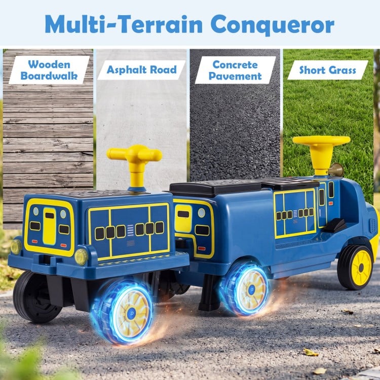 12V kids ride-on train in blue with detachable carriage, designed for various terrains like boardwalks and asphalt.