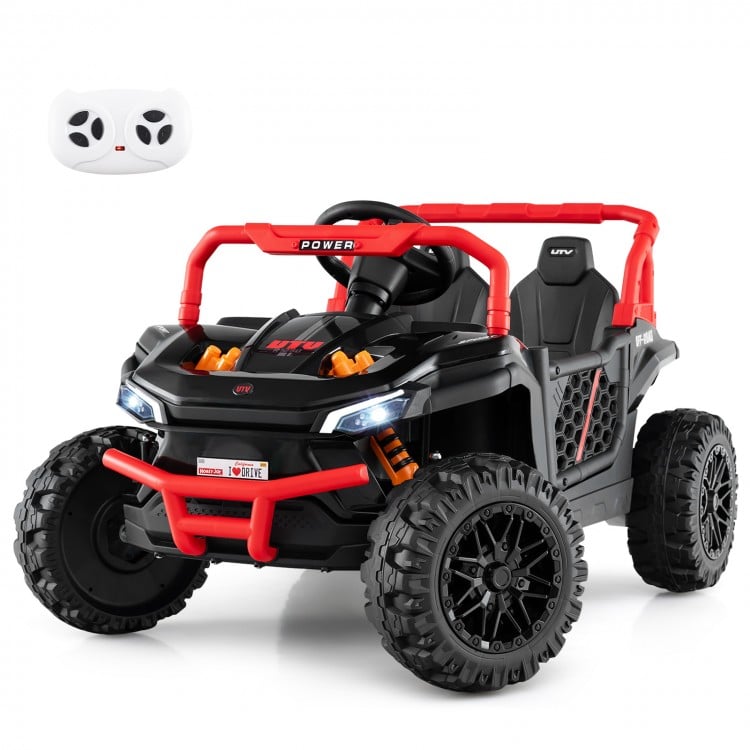 Black 12V kids ride-on truck UTV with parental remote, LED lights, and off-road tires for safe outdoor fun.