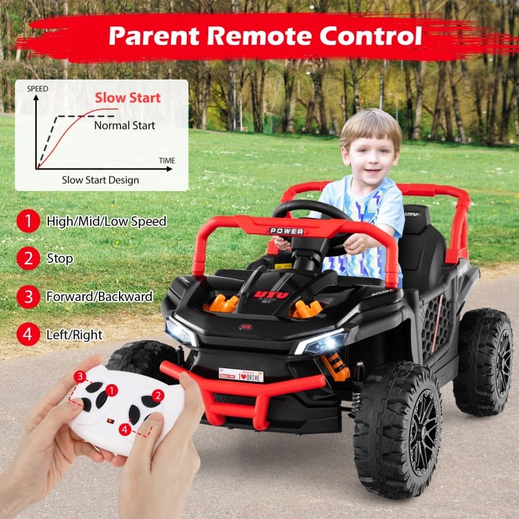 Kids ride-on truck in black with parental remote, LED headlights, and safety features for outdoor fun.