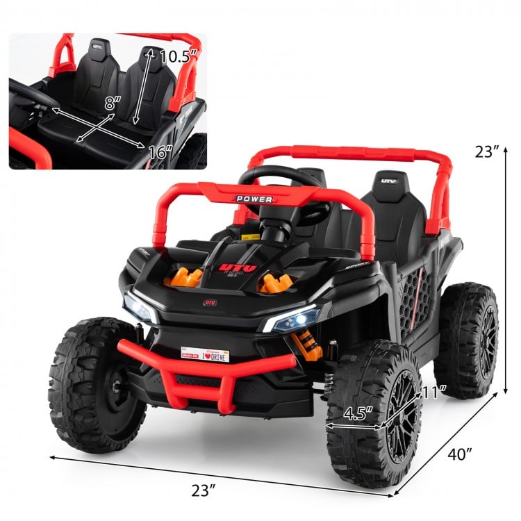 12V kids ride-on truck UTV with parental remote, black, featuring LED headlights and safety belt for ages 3+.