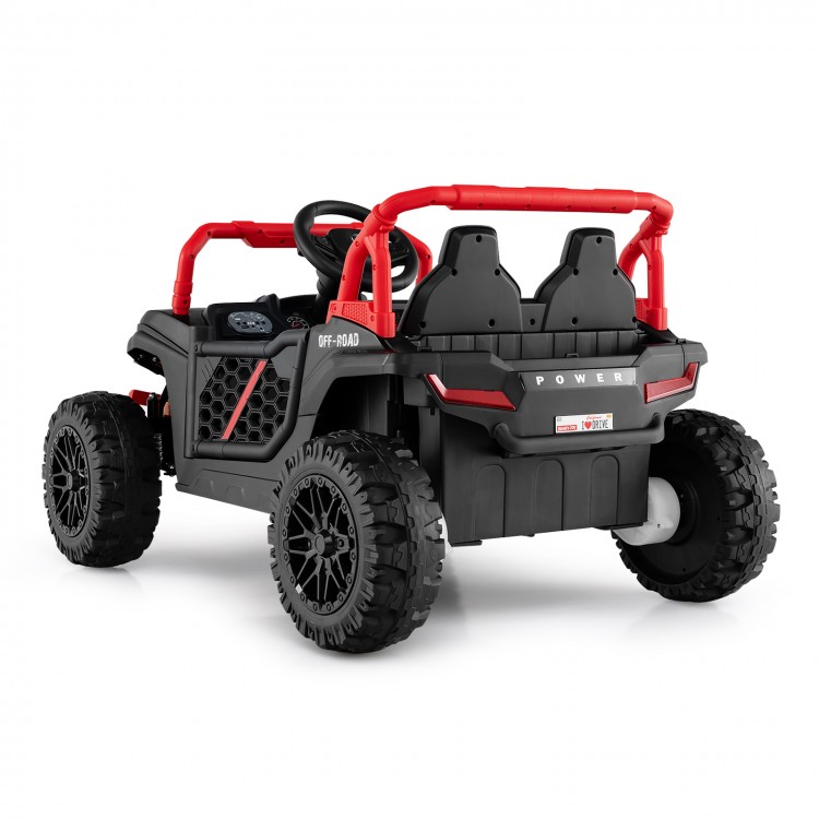 Off-road UTV for kids in black with parental remote, LED headlights, and safety features for a fun driving experience.