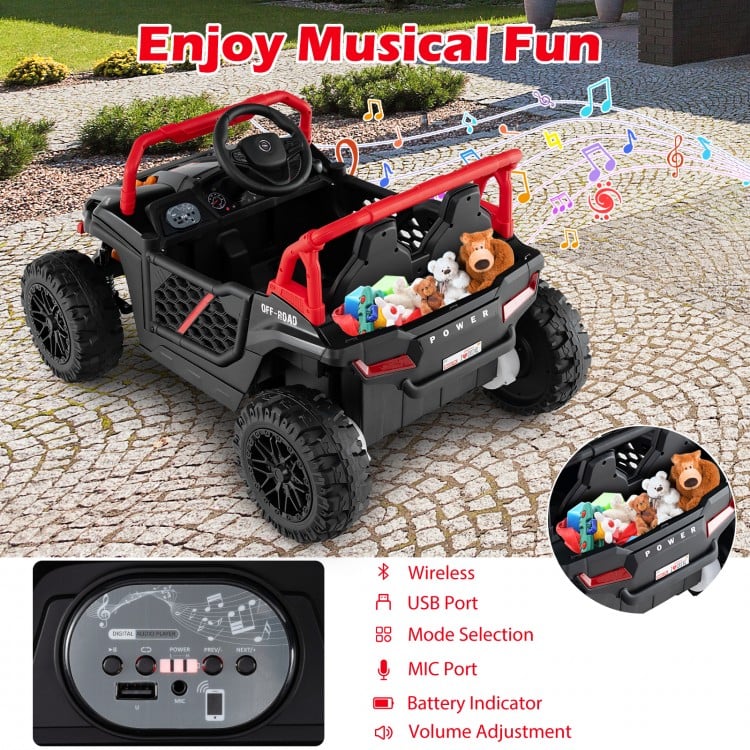 12V kids ride-on truck in black with parental remote, LED headlights, and storage for toys, perfect for outdoor fun.