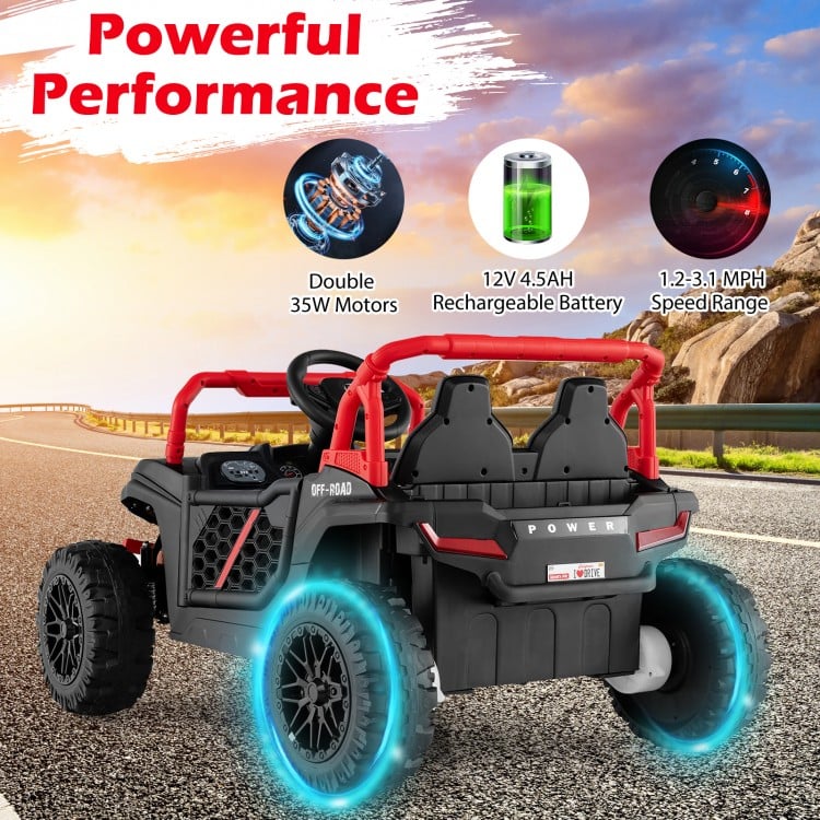 Kids ride-on truck off-road UTV in black with dual motors, LED headlights, and parental remote control for safe driving.