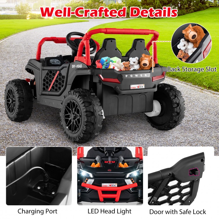 Kids ride-on truck with parental remote, LED headlights, and back storage slot for toys, designed for safe outdoor fun.