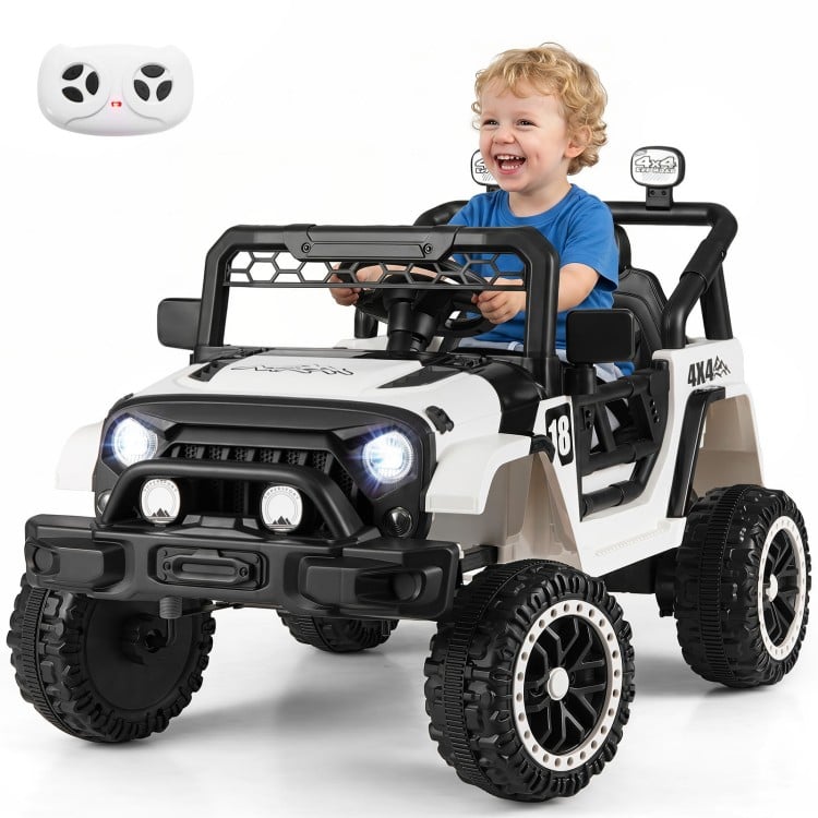 Kids ride-on truck in black with remote control, 3 speeds, and a comfortable 14" seat for children aged 3-5 years.