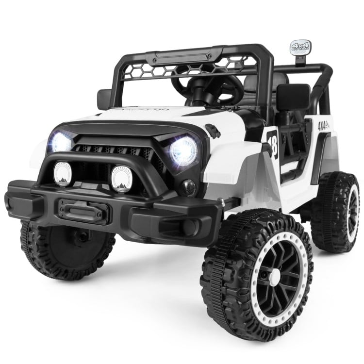 Kids ride-on truck in black with remote control, 3 speeds, and 4-wheel suspension for outdoor fun and safety.