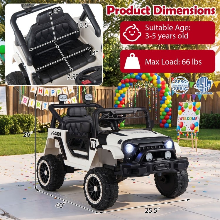 Kids ride-on truck in black with remote control, 3 speeds, and a comfortable 14" seat for ages 3-5 years.