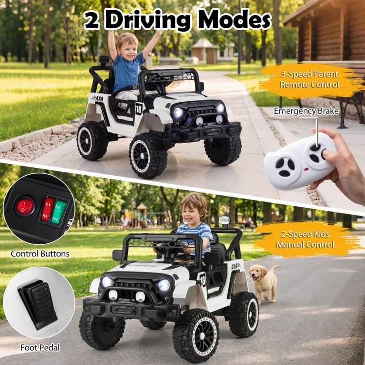 Kids ride-on truck in black features 2-speed manual control, 3-speed remote control, and 4-wheel suspension for outdoor fun.