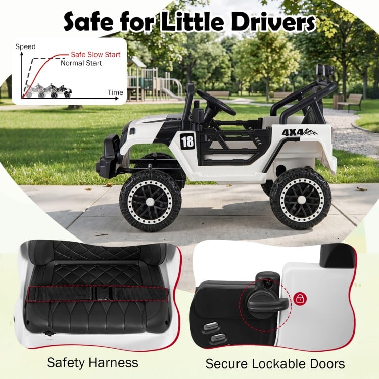 12V kids ride-on truck in black features secure lockable doors, safety harness, and remote control for safe outdoor fun.