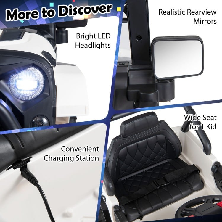 Wide 14" seat for 1 kid in the 12V black ride-on truck with realistic rearview mirrors and bright LED headlights.
