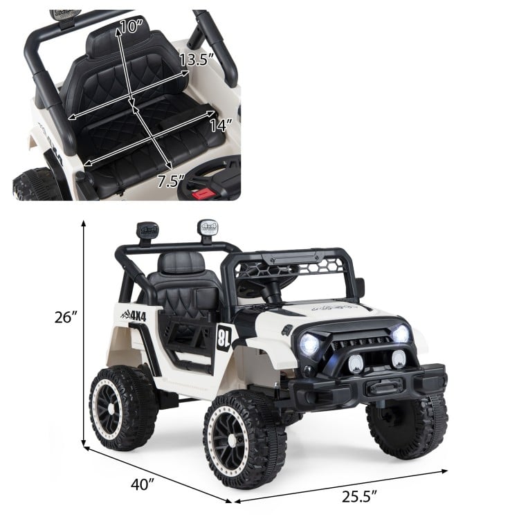 Kids ride-on truck with remote control, 14" wide seat, 4-wheel suspension, and bright lights for outdoor fun.