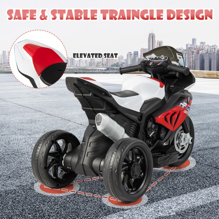 Rear view of the 12V licensed BMW kids motorcycle ride-on toy in red, featuring a stable three-wheel design and.