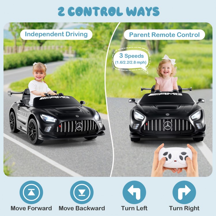 Kids ride-on car Mercedes-AMG GT3 in black with parent remote control, adjustable speed, and LED lights for safe fun.