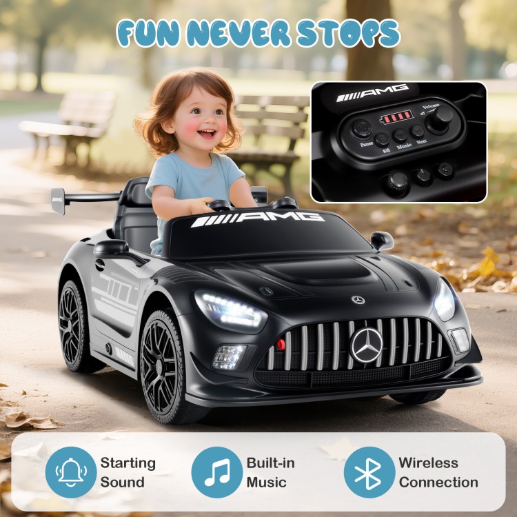 Black 12V kids ride-on car Mercedes-AMG GT3 with adjustable speed, built-in music, and remote control for safe driving.
