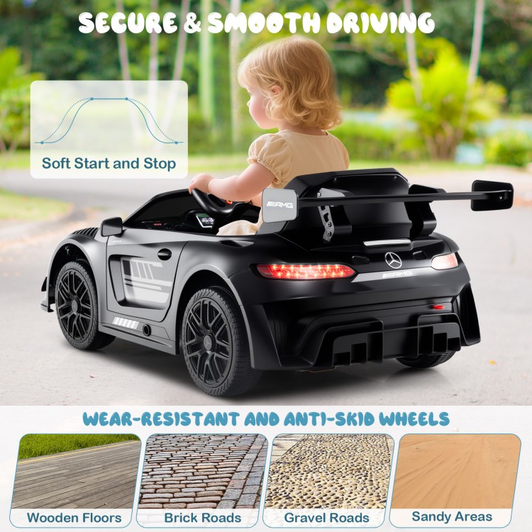 Black 12V Kids Ride-On Car Mercedes-AMG GT3 with adjustable speed, remote control, and anti-skid wheels for safe.