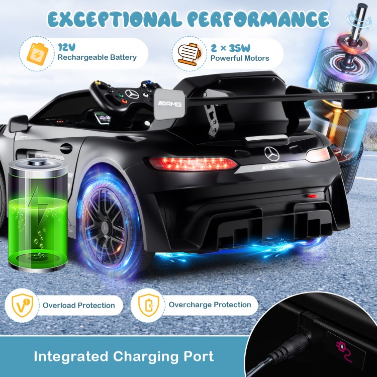 12V kids ride-on car Mercedes-AMG GT3 in black with adjustable speed, remote control, and integrated charging port.