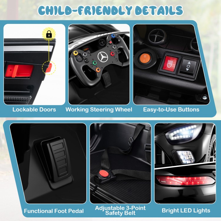 Close-up of the adjustable 3-point safety belt and easy-to-use buttons in the 12V Kids Ride-On Car Mercedes-AMG GT3.