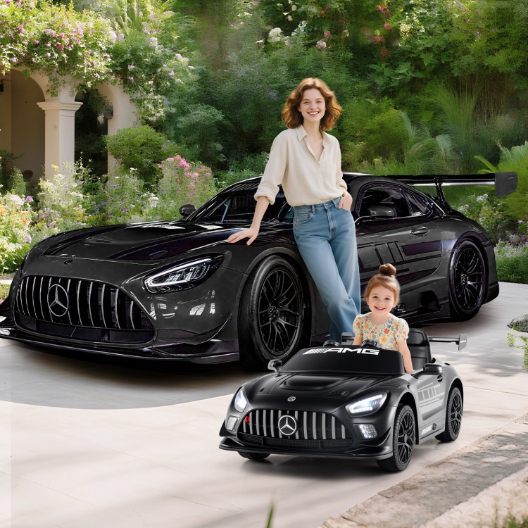 12V kids ride-on car in black, licensed Mercedes-AMG GT3, featuring adjustable speed and parent remote control for.
