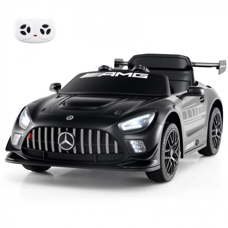 Black 12V kids ride-on car Mercedes-AMG GT3 with remote control, adjustable speed, and LED lights for safe fun.