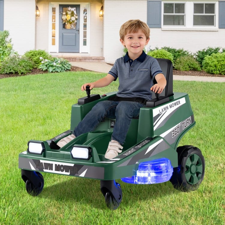 Kids ride-on lawn mower in green with LED lights, dual control sticks, and spinning blades for fun outdoor play.