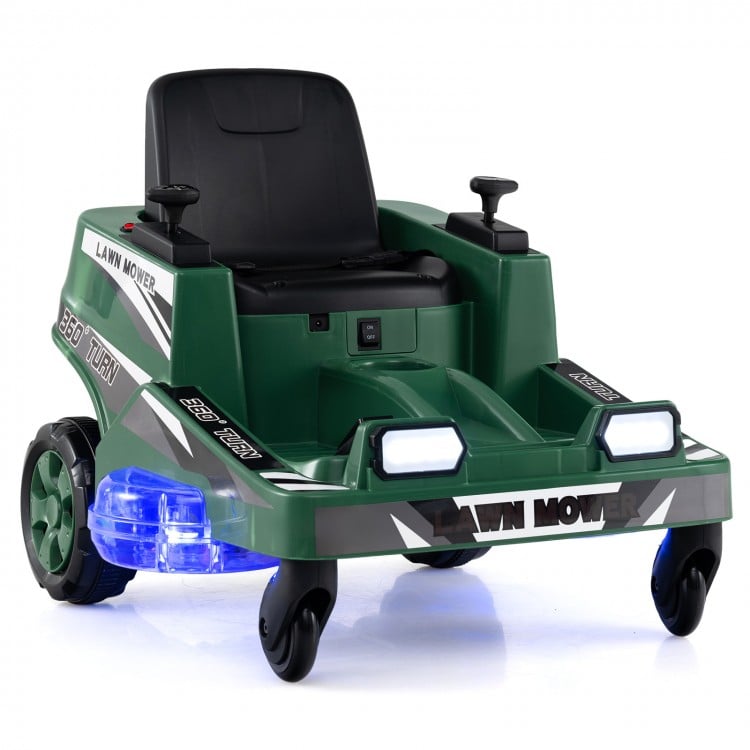 Kids 12V ride-on lawn mower in green with LED lights, dual control sticks, and anti-tipping wheels for safe play.