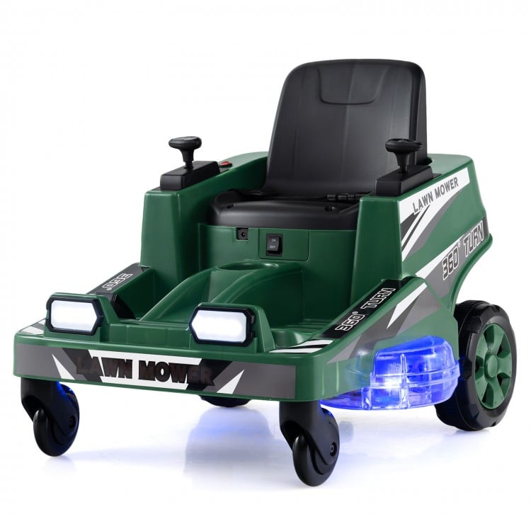 Kids 12V ride-on lawn mower in green with LED lights, dual control sticks, and smooth anti-tipping wheels for fun.