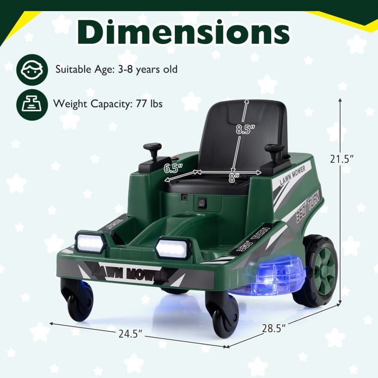 Dimensions of the green 12V ride-on lawn mower for kids, featuring LED lights and dual control sticks for fun playtime.