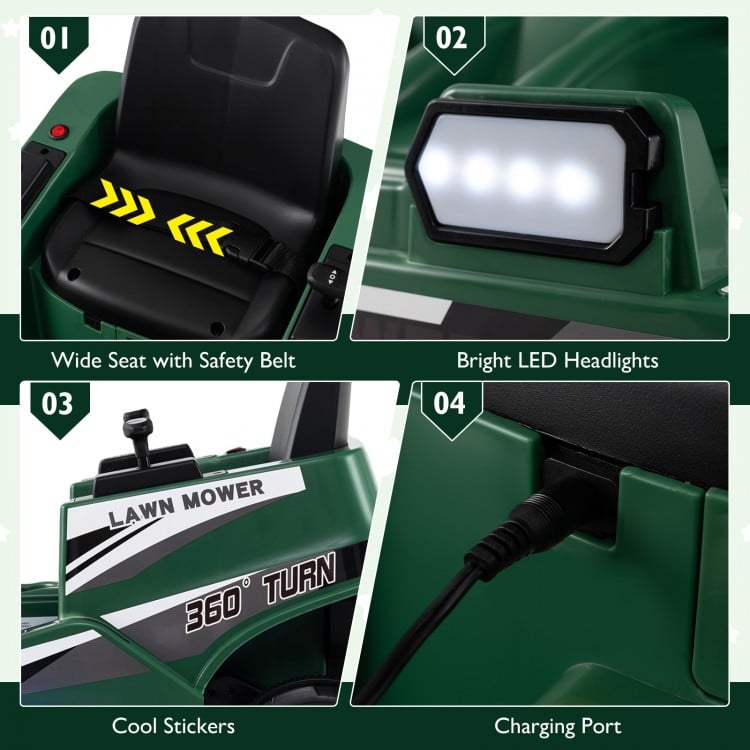 Wide seat with safety belt on a green 12V ride-on lawn mower for kids, featuring LED headlights and charging port.