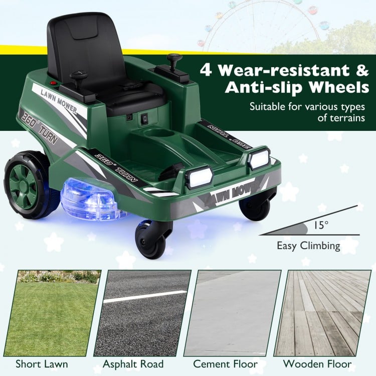 Ride-on lawn mower for kids in green with LED lights, anti-slip wheels, and dual control sticks for versatile terrain.