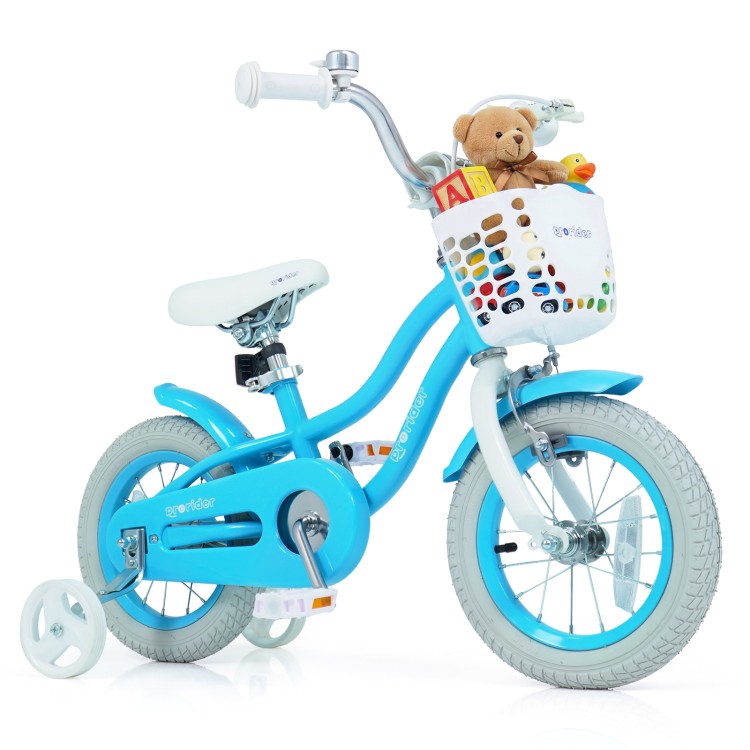 Kids bike with removable storage basket, adjustable seat, dual brakes, and training wheels for safe riding.