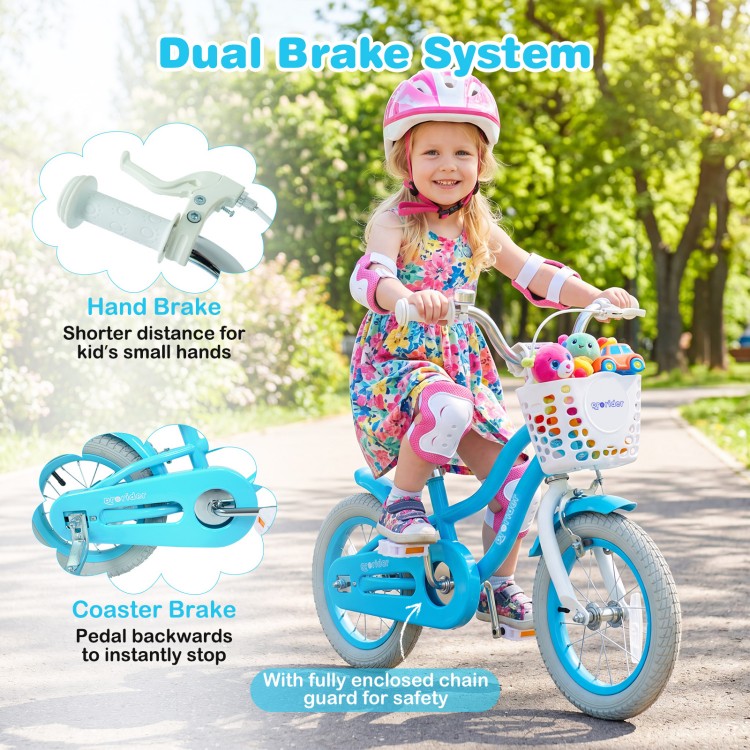 Kids bike with dual brakes, adjustable seat, and removable basket for safe and fun riding adventures.