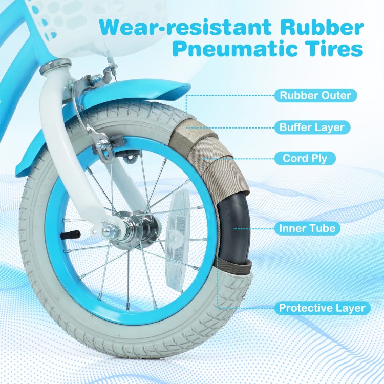 Close-up of the durable wear-resistant rubber pneumatic tire on a kids' bike, featuring a protective layer for smooth.