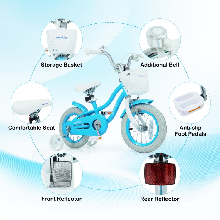 Kids bike with removable storage basket, dual brakes, adjustable seat, and durable pneumatic tires for smooth riding.