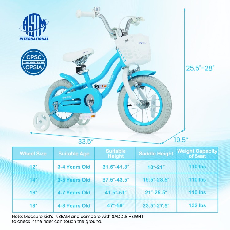Blue 12-inch kids bike with dual brakes, adjustable seat, and removable storage basket for safe, comfortable riding.