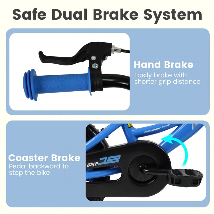 Hand brake and coaster brake details of the navy kids bike, featuring adjustable seat and removable training wheels.