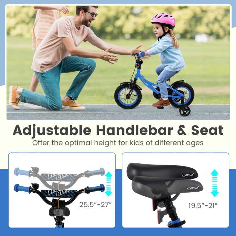 Kids bike with adjustable seat and handlebars, removable training wheels, designed for ages 3-8, in navy color.