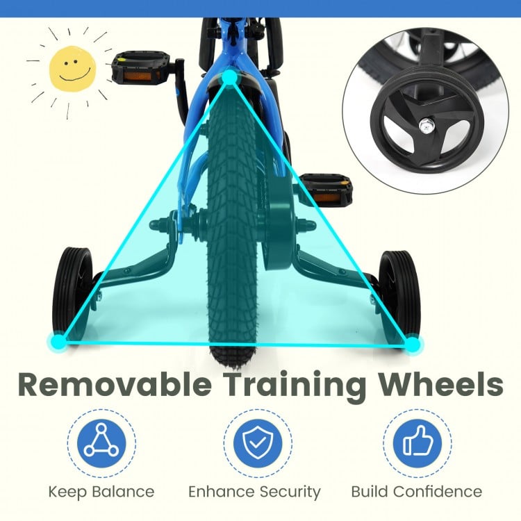 Kids bike with removable training wheels, adjustable seat, and dual brakes for ages 3-8, ideal for building confidence.