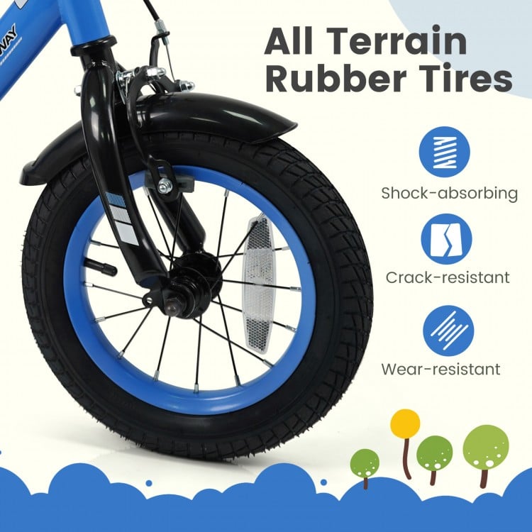 Close-up of the 12-inch kids bike's all-terrain rubber tire, featuring crack-resistant and wear-resistant qualities.