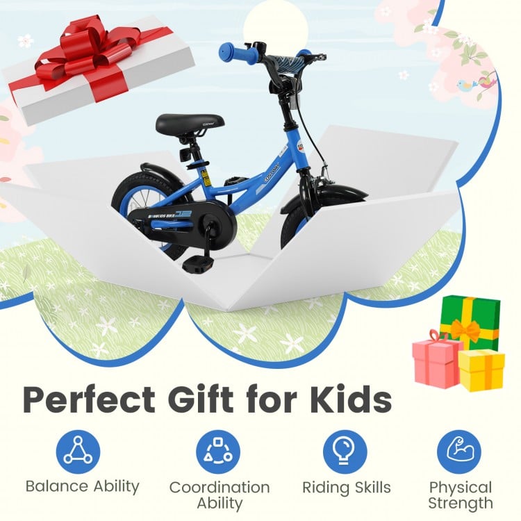 Navy 12-inch kids bike with removable training wheels, adjustable seat, and dual brakes for ages 3-8, promoting balance.