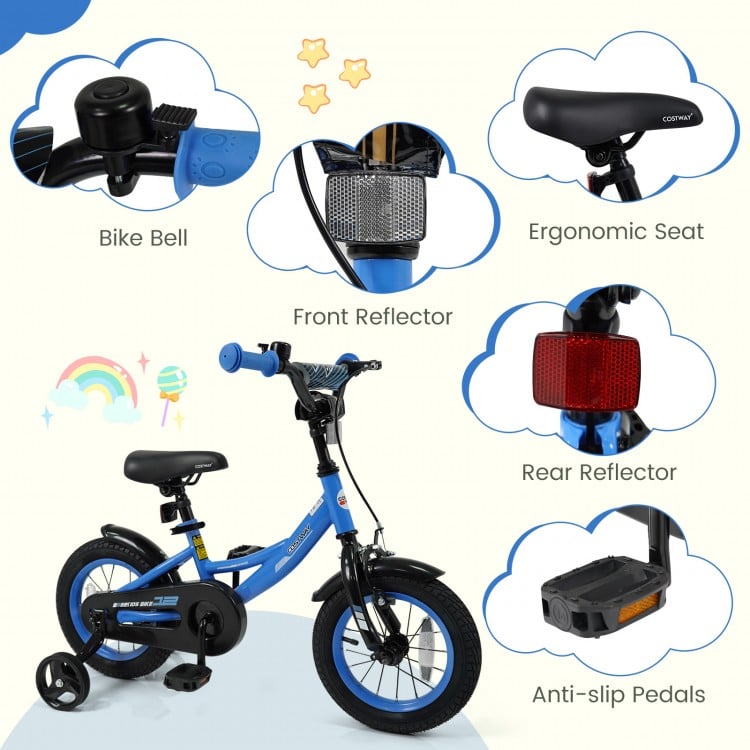 Kids bike with removable training wheels, navy color, adjustable seat, and reflectors for safety, perfect for ages 3-8.