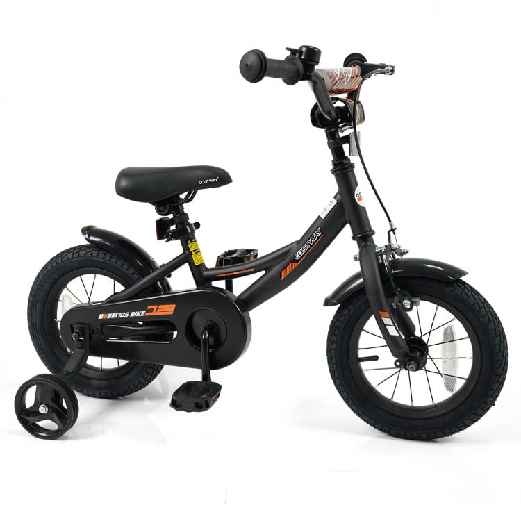 Kids bike with removable training wheels, adjustable seat, and dual brakes, perfect for ages 3-8, in black color.
